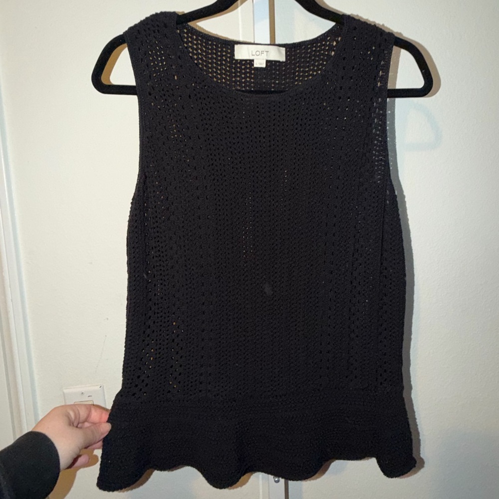 LOFT Black Crochet Sleeveless Peplum Top Large 100% Cotton